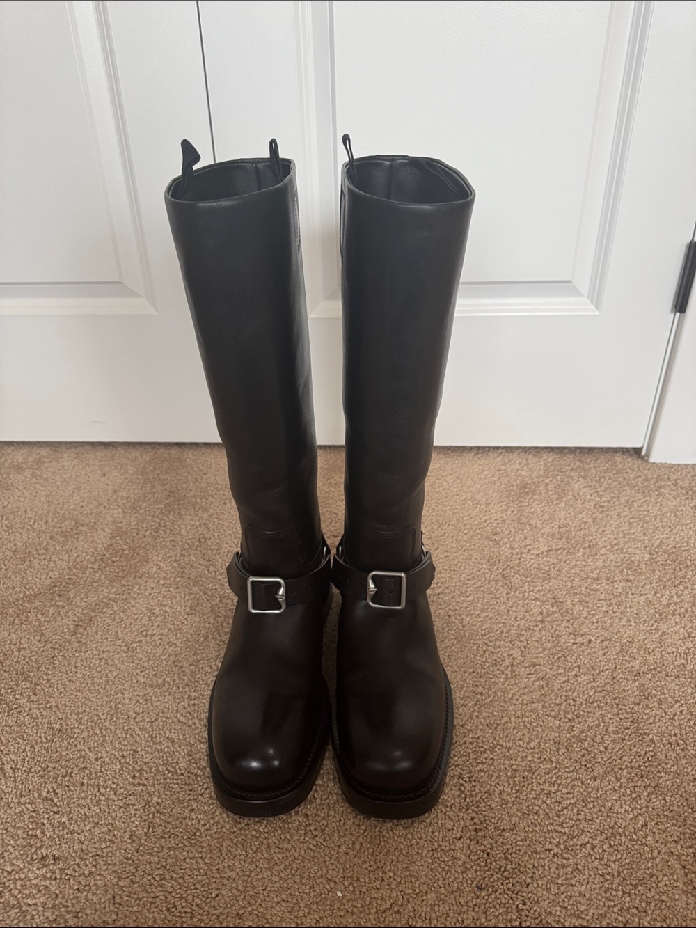 Burberry Black Leather Knee High Buckle Boots